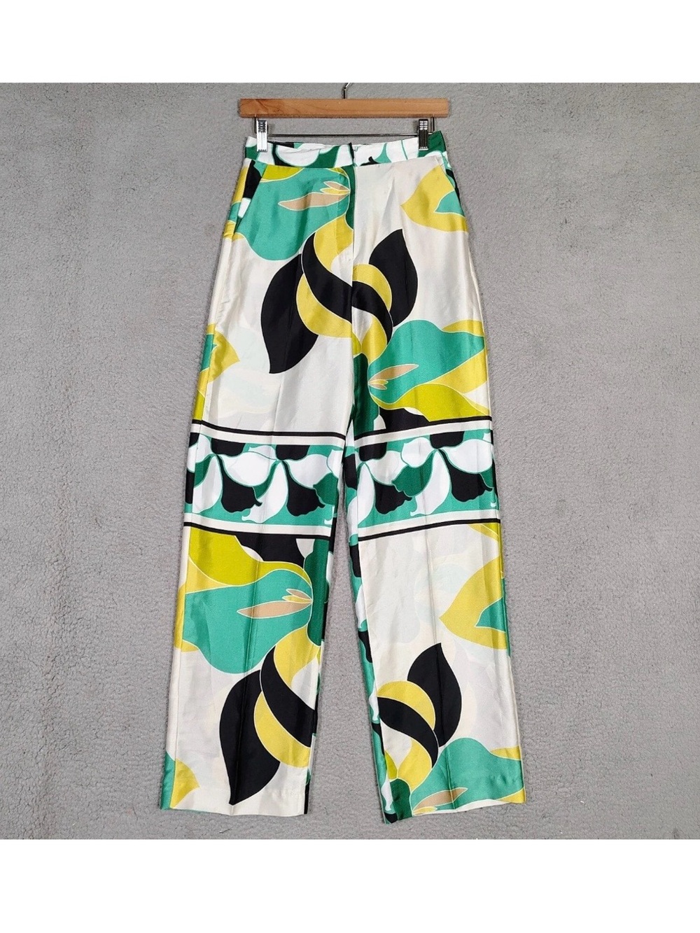 Zara High-Waisted Bold Abstract Print Wide Leg Pants - Green, Yellow, Black
